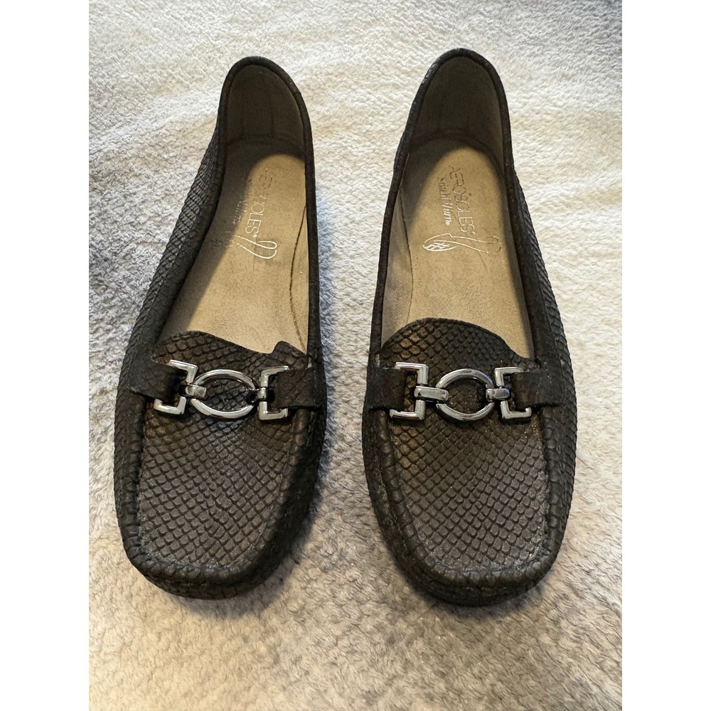 Aerosoles Stitch N Turn Black Snakeskin Horsebit Loafers Womens 7.5 Flat Shoes